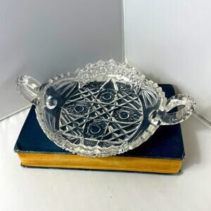 Vintage lear Glass Two Handled 8" Nappy / Candy Dish w/ Sawtooth‎ Rim